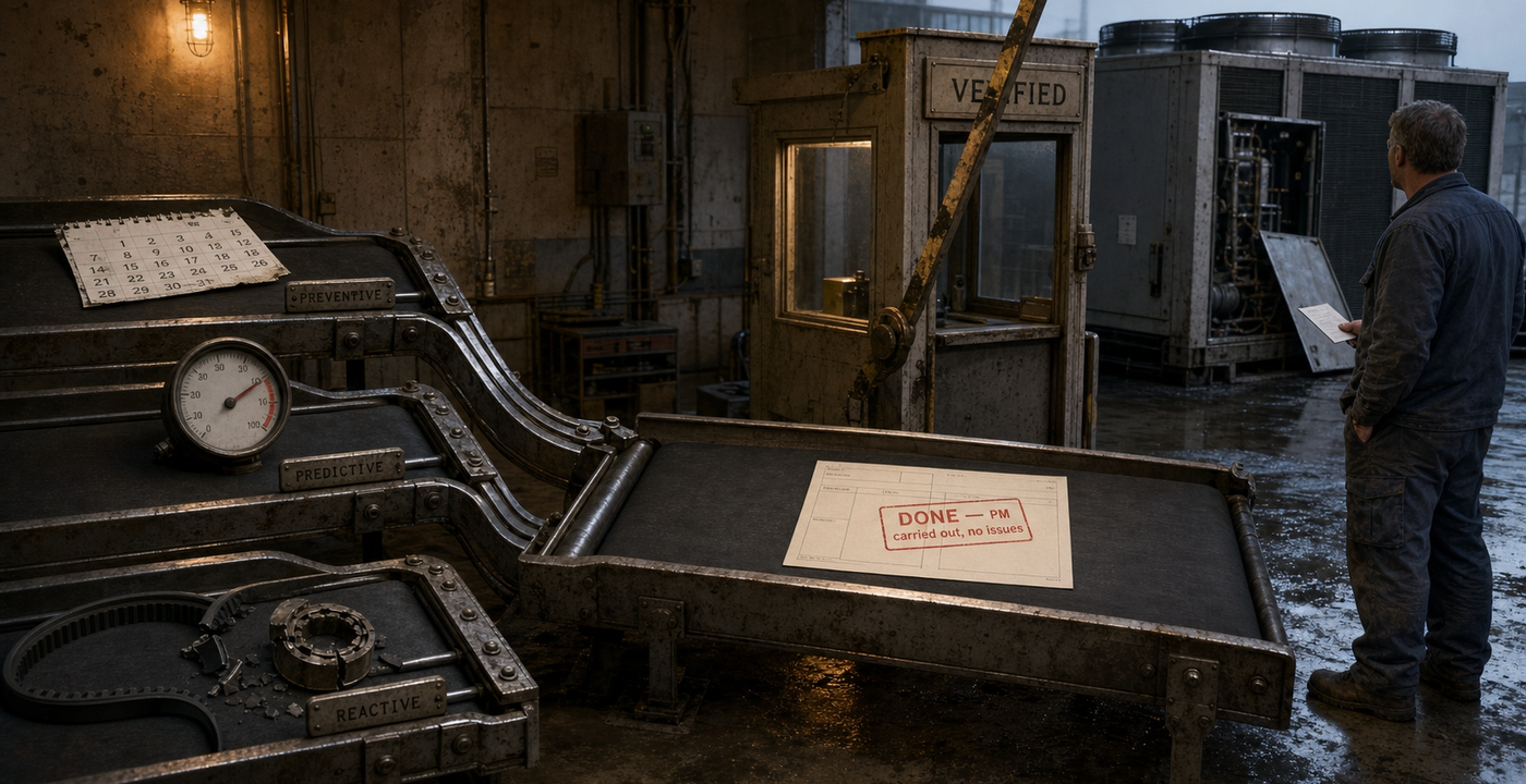 Illustration: preventive, predictive and reactive triggers feed one work order to an unstaffed verification booth by a dead chiller.