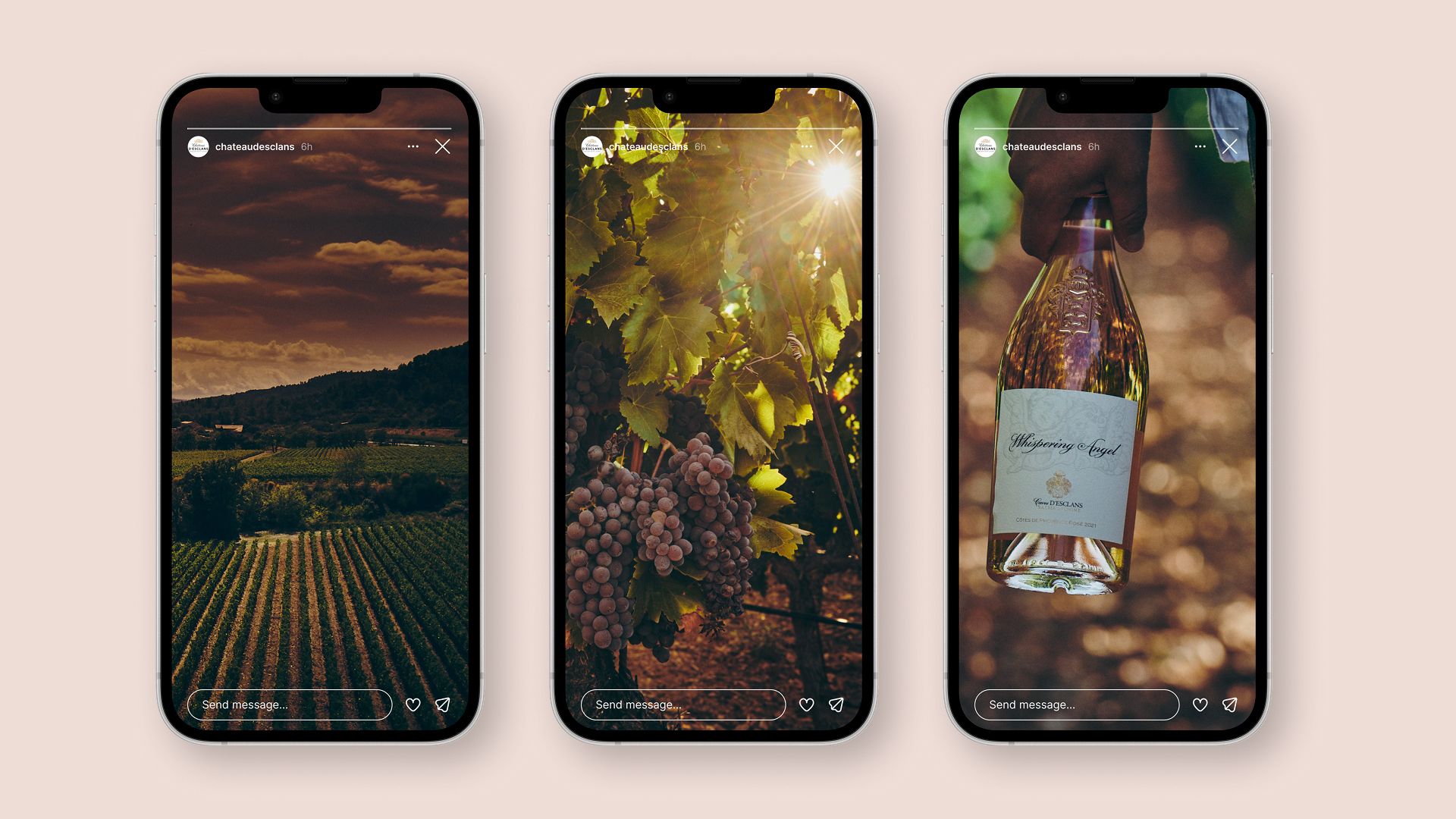Three iPhones showing Chateau d'Esclans stories: a vineyard at dusk, sunlit grapevines, and a hand holding a Whispering Angel bottle.