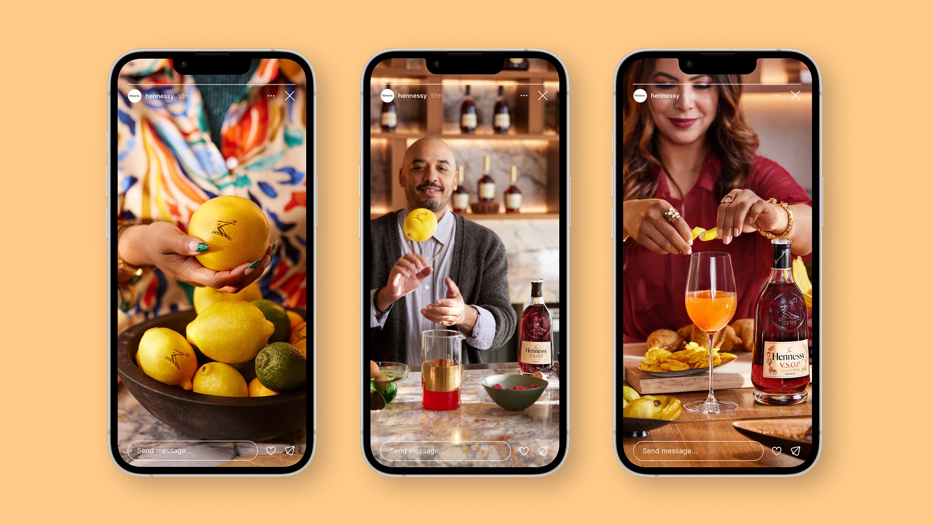 Hennessy brand ambassador content shown on a trio of iPhones