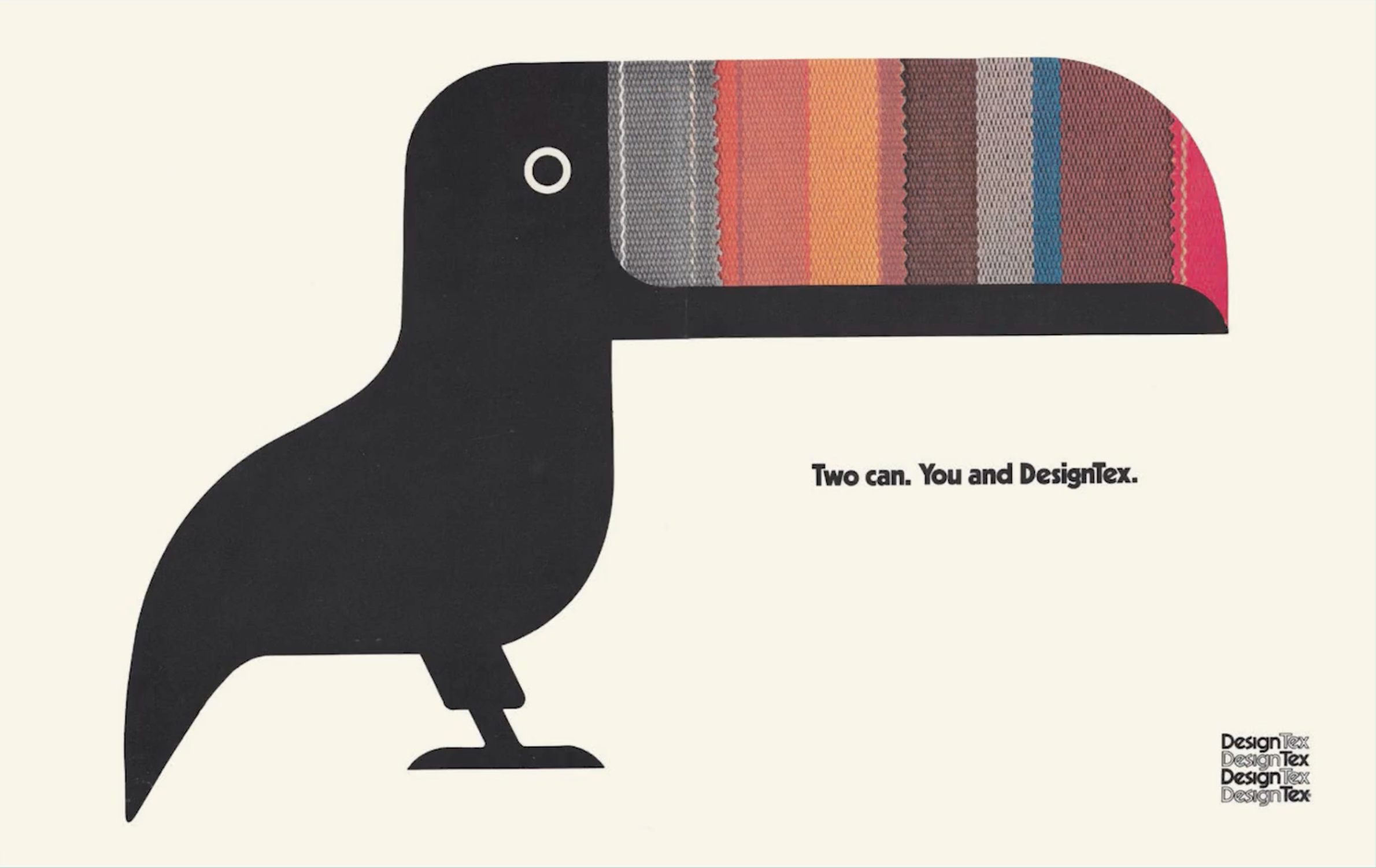Vintage DesignTex advertisement reading 'Two can. You and DesignTex.' with a striped woven-textile toucan beak