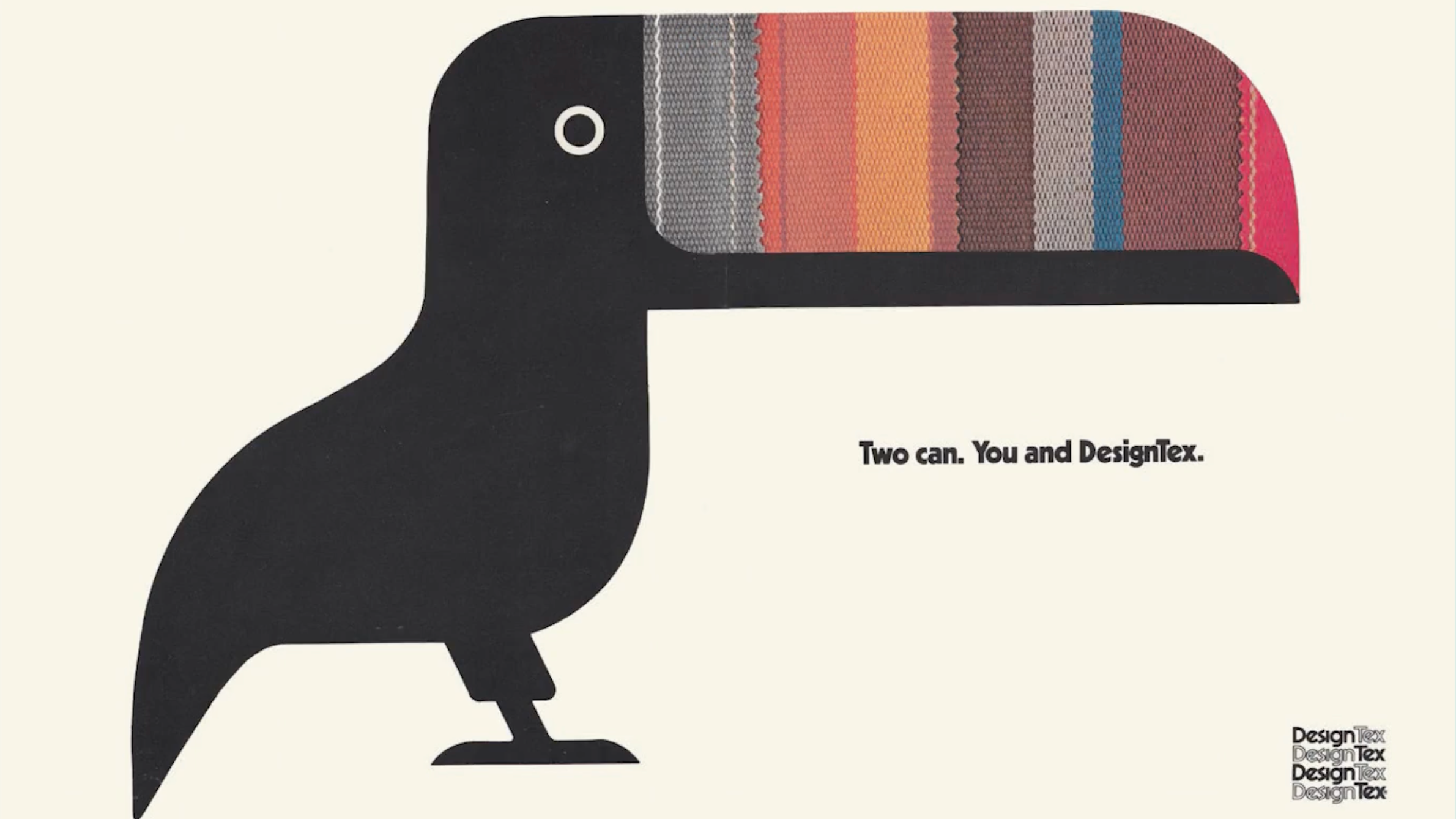 Vintage DesignTex advertisement reading 'Two can. You and DesignTex.' with a striped woven-textile toucan beak