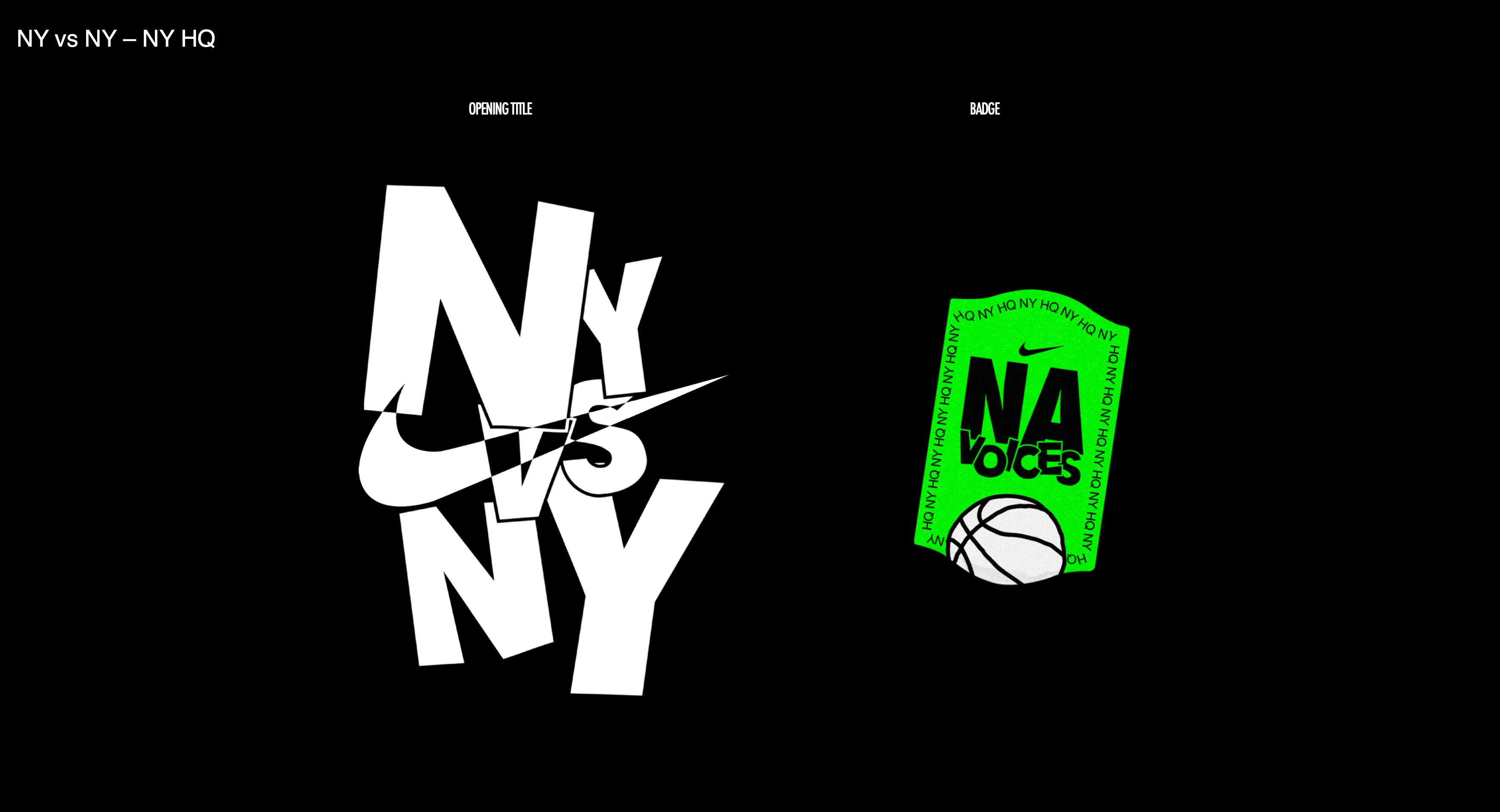 Nike NY vs NY brand design board with the opening title lockup, a Nike swoosh, and a green NA Voices basketball badge.