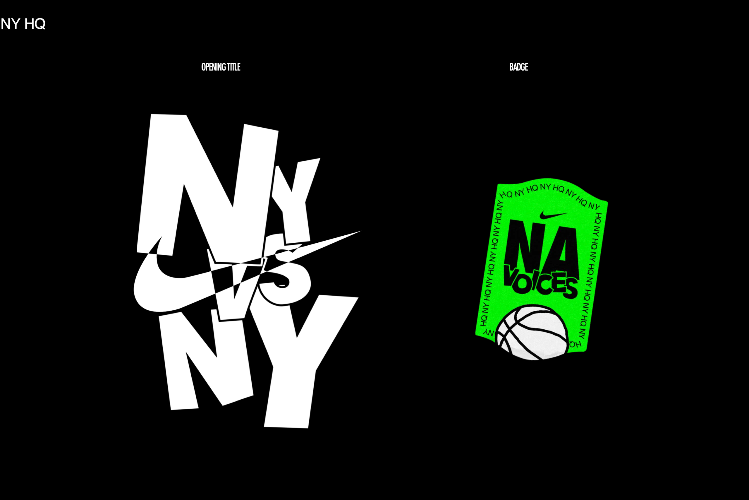 Nike NY vs NY brand design board with the opening title lockup, a Nike swoosh, and a green NA Voices basketball badge.