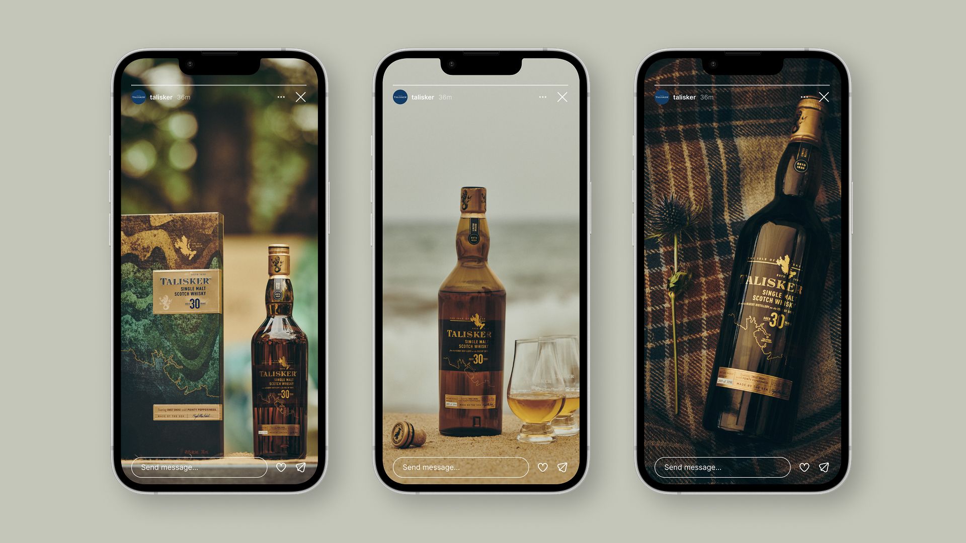 Talisker social content shown on a trio of iPhones
