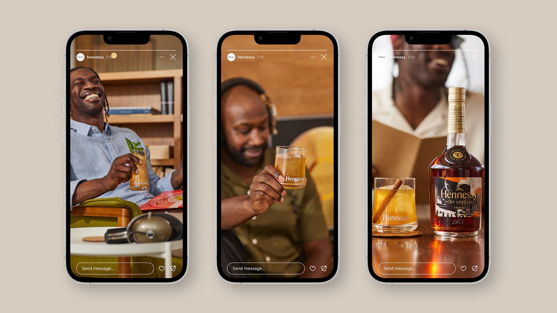 Hennessy Remix social content shown on a trio of iPhones