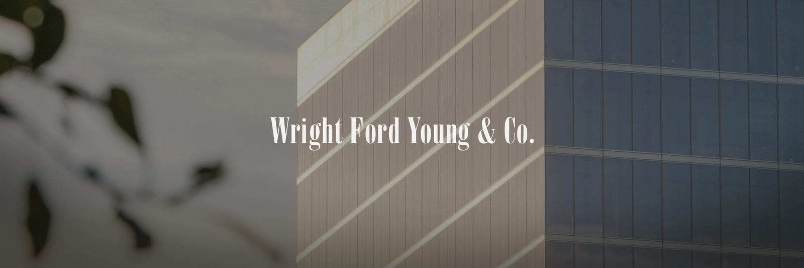 Wright Ford Young & Co. text over a blurred background of buildings and foliage.