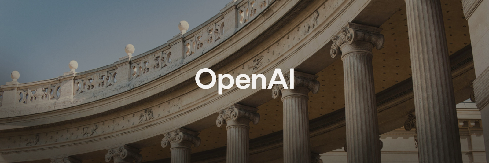 OpenAI text over a classical building with columns.