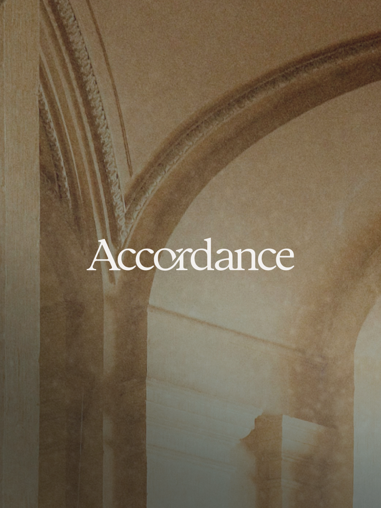 White text "Accordance" over a sepia-toned architectural background with arches.