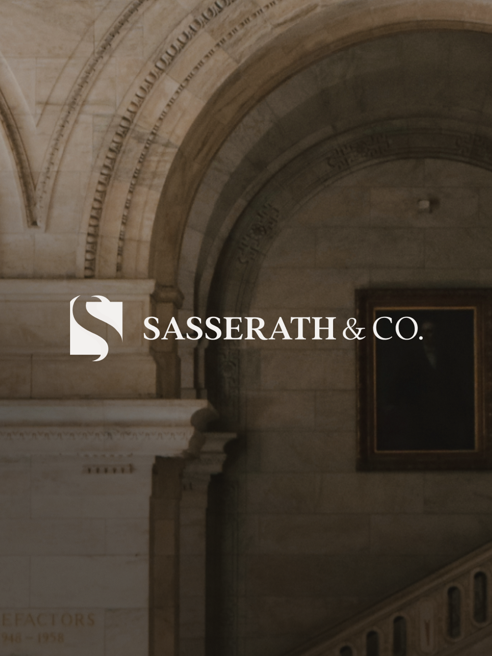 White 'S' logo and 'SASSERATH & CO.' text against a dark, ornate stone interior with arches and stairs.