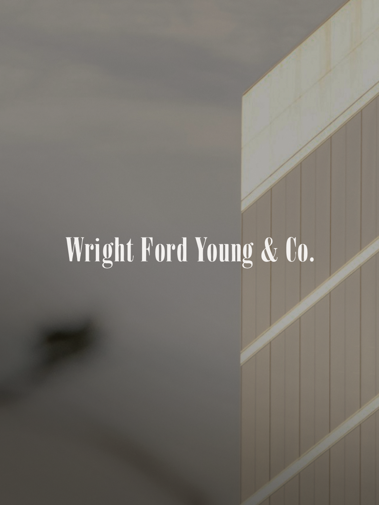The text "Wright Ford Young & Co." in white, over a blurred background of a building and dark sky.
