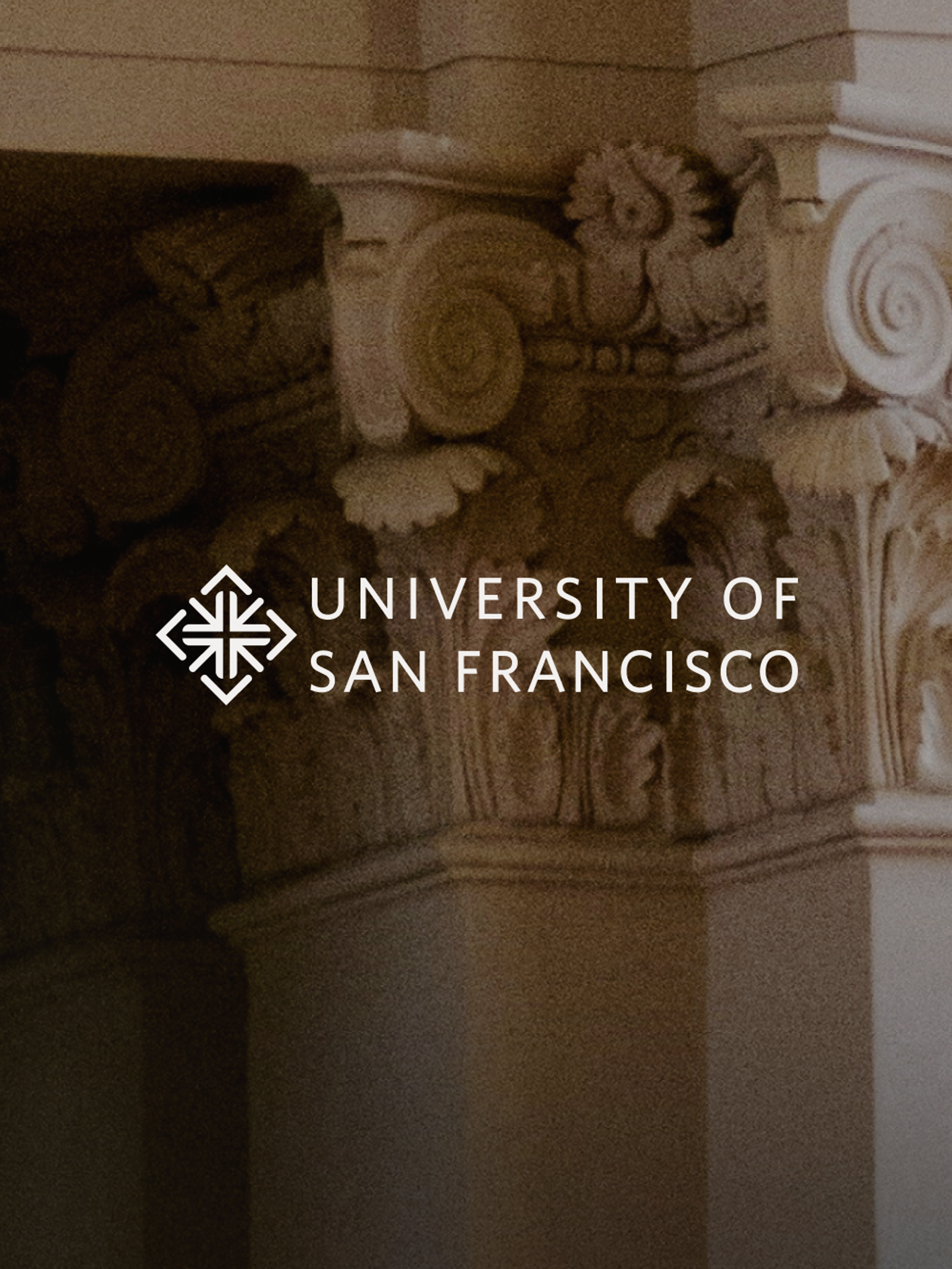 University of San Francisco logo and text over a blurred, ornate architectural column.