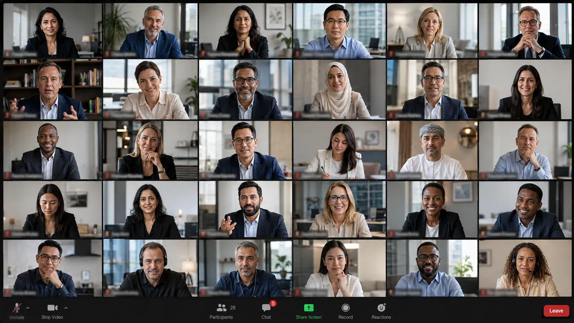 A live cohort call in gallery view with participants from around the world
