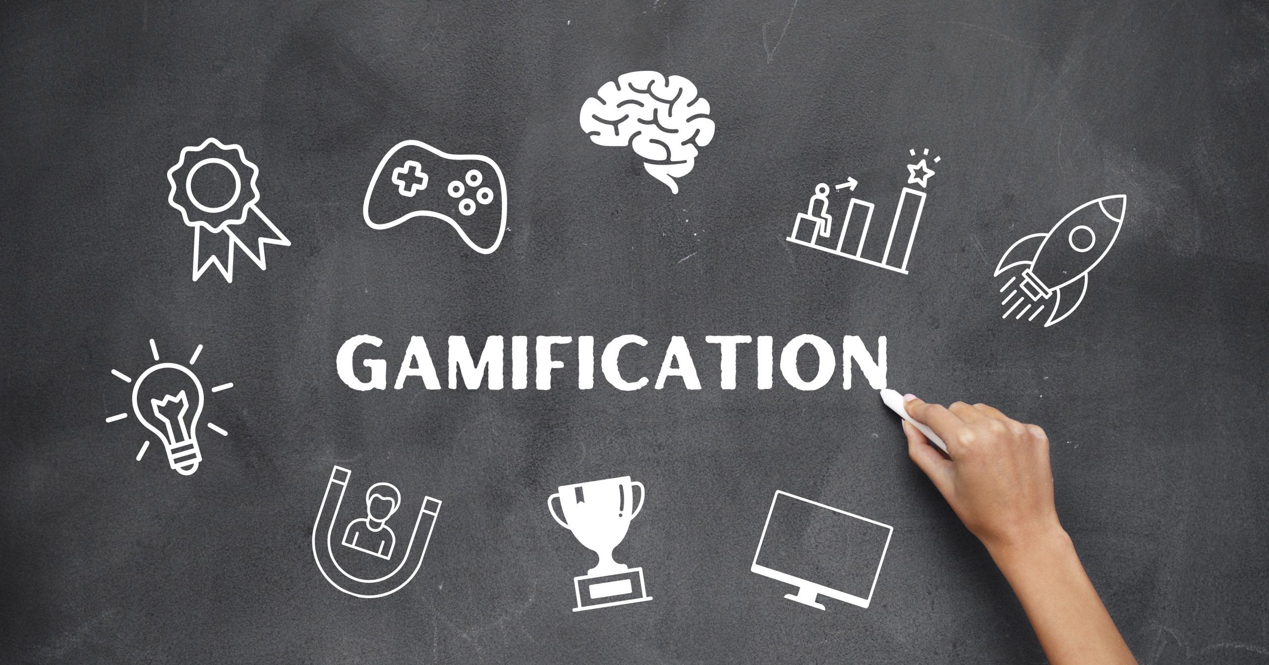 Gamification mind map on chalkboard with graphics indicating learning milestones and rewards.