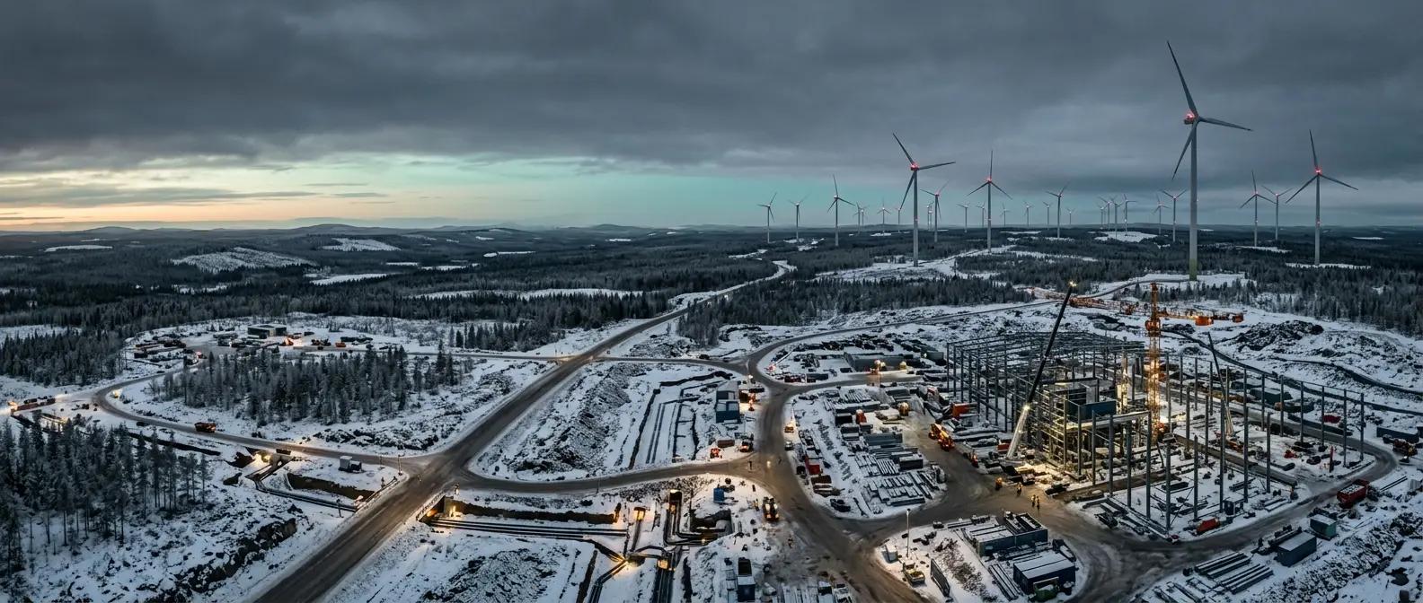 Tuulivoimapuiston työmaa talvella, sähköinfran rakentaminen käynnissä