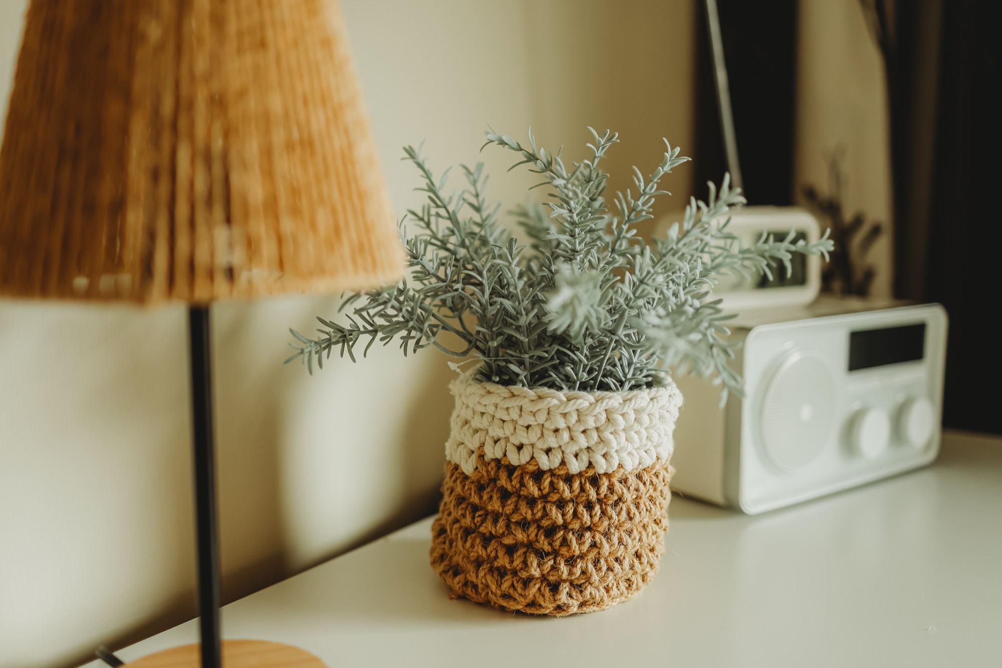 Schemerlamp, plant en radio op de kast