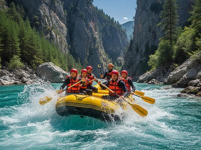 Group of people rafting in a yellow boat on turquoise water rapids in the Tara River Canyon, Montenegro.