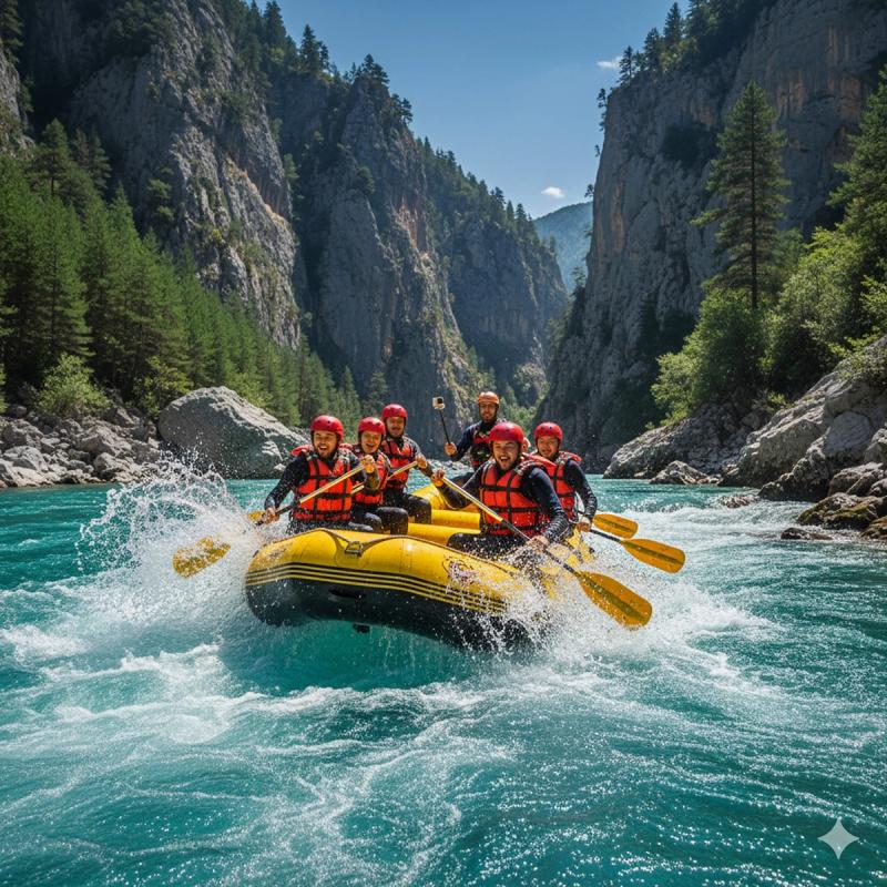 Group of people rafting in a yellow boat on turquoise water rapids in the Tara River Canyon, Montenegro.