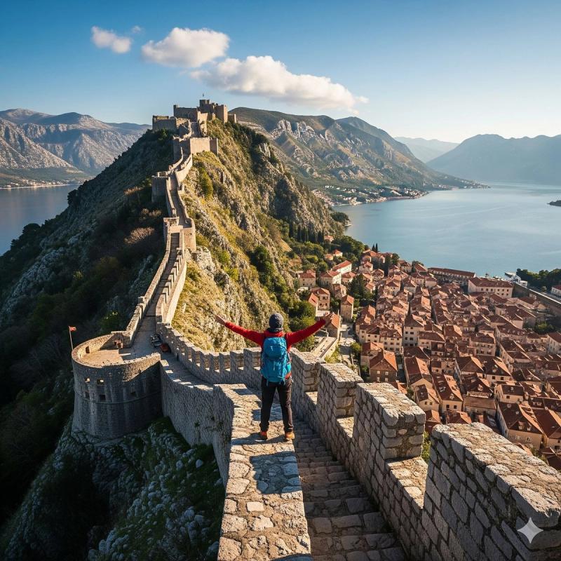 Hiker with arms outstretched on top of the Kotor fortress walls, overlooking the Old Town and the Bay of Kotor, Montenegro.