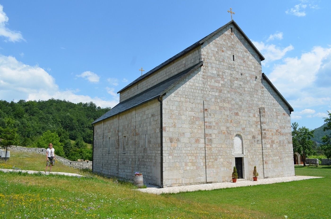 The historic 16th-century Piva Monastery church at its new location near Plužine, Montenegro.