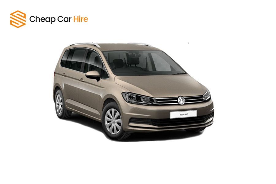 A beige Volkswagen Touran 7-seater minivan for rent, shown on a white background
