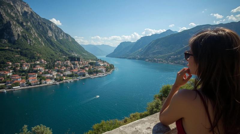 A woman looks out from a high viewpoint over the Bay of Kotor in Montenegro, with a historic town nestled on the shore below steep mountains.