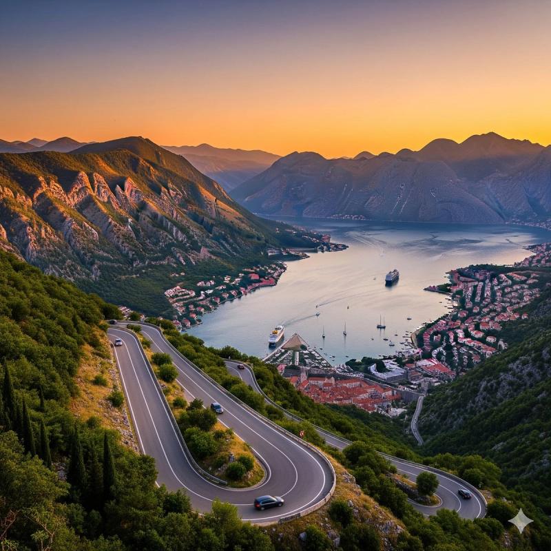 Panoramic view of the Kotor Serpentine road at sunset, with its winding curves descending towards the Bay of Kotor, Montenegro.