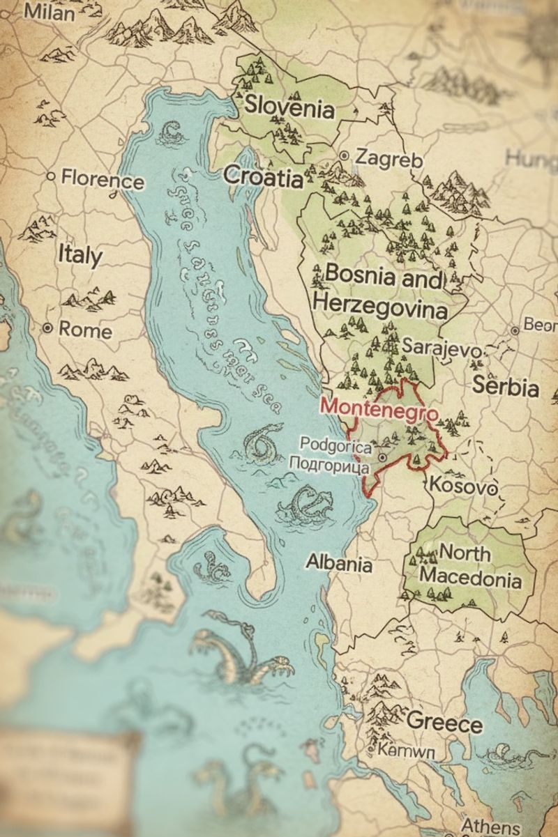 Vintage-style fantasy map of the Balkans focusing on Montenegro, highlighted with a red outline. The map features a parchment texture, the capital Podgorica, neighboring countries like Croatia and Albania, and mythical sea monsters in the Adriatic Sea.