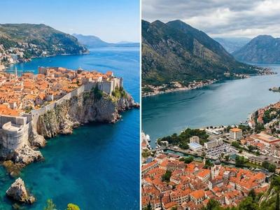 Split-screen aerial photograph comparing the historic walled city of Dubrovnik, Croatia, on the left, and the dramatic Bay of Kotor with its old town in Montenegro on the right.