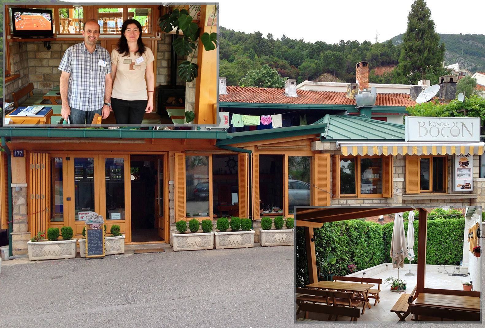 A collage image of Konoba Bocun, showing the charming exterior, the friendly owners, and the quiet outdoor patio.