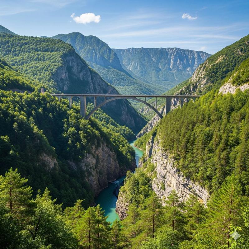 The Đurđevića Tara Bridge crossing the deep Tara River Canyon, surrounded by green forests and mountains in Durmitor National Park.