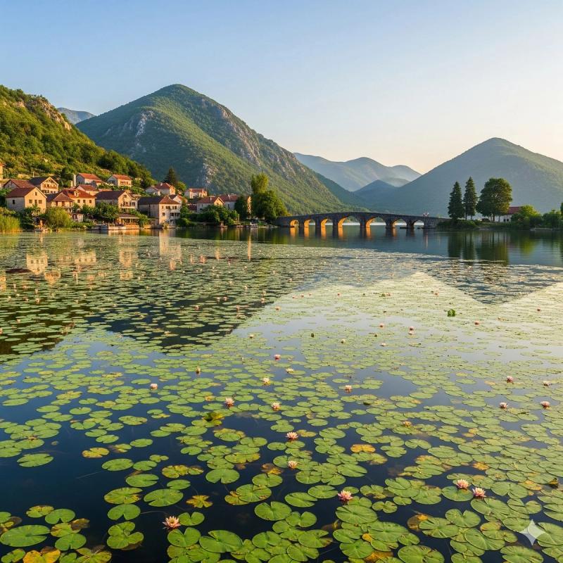 Serene view of Lake Skadar covered in water lilies, with the village of Virpazar and a stone bridge in the background, surrounded by mountains.