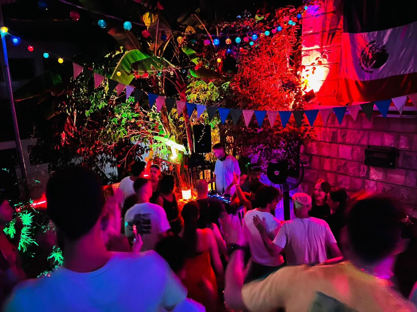 A vibrant party scene with a DJ and a dense crowd dancing under colorful string lights and festive decorations.
