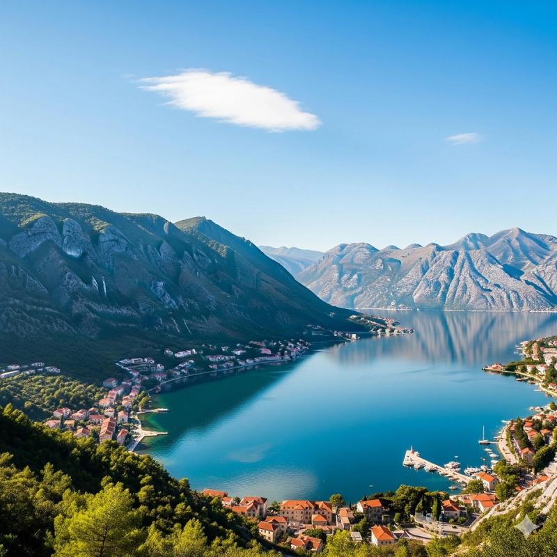 Panoramic view of the Bay of Kotor, Montenegro, on a sunny day, showing the calm blue water, surrounding mountains, and coastal towns with red roofs.