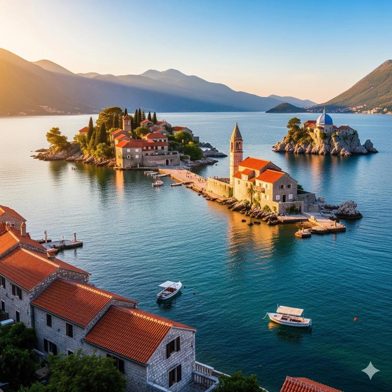 Panoramic view of the islands of Our Lady of the Rocks and St. George in front of Perast, in the Bay of Kotor, during sunrise.