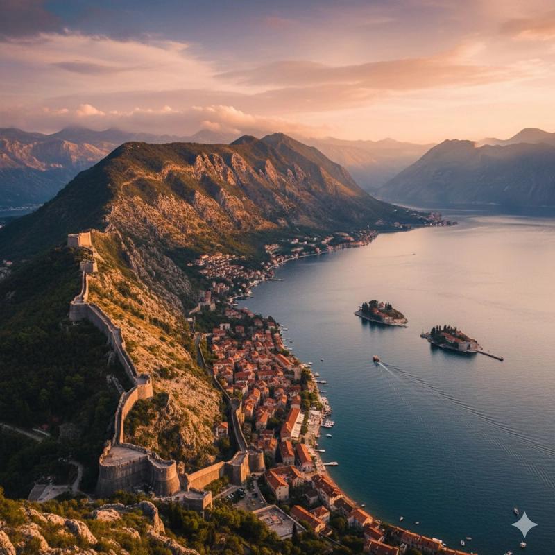 Aerial view of the walled city of Kotor, Montenegro, at sunset, with the fortress walls climbing the mountain and the islands in the Bay of Kotor.