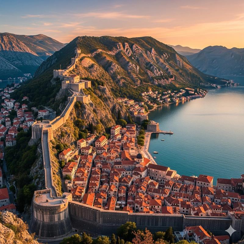 Panoramic view of the Old Town of Kotor at sunset, with the fortress walls illuminated by golden light climbing the mountain.