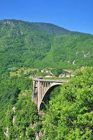 A view of the elegant Đurđevića Tara Bridge set against the lush green mountains of Durmitor National Park.