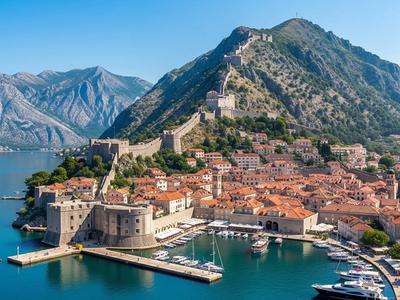 Panoramic view of the Old Town of Kotor, Montenegro, on a sunny day, showing the harbor, the fortress walls climbing the mountain, and the surrounding bay.
