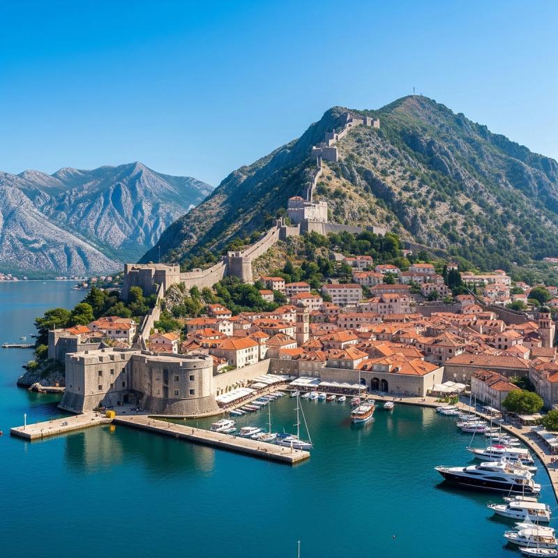 Panoramic view of the Old Town of Kotor, Montenegro, on a sunny day, showing the harbor, the fortress walls climbing the mountain, and the surrounding bay.