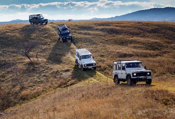 A convoy of Land Rover Defender 4x4 vehicles driving off-road on a grassy, rolling hill under a clear sky.
