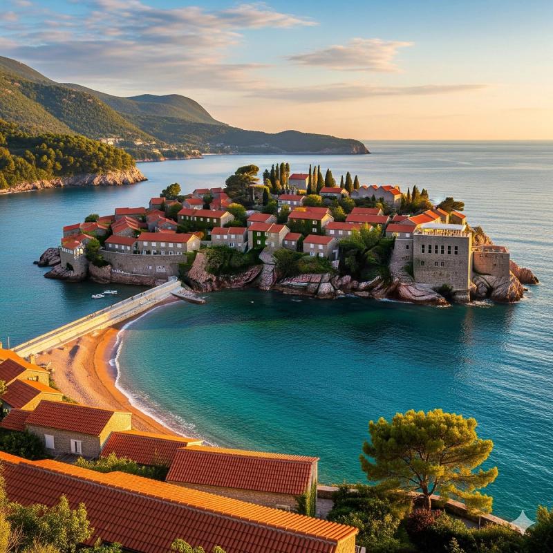 Panoramic view of the island of Sveti Stefan at sunset, showing the sandy isthmus connecting it to the mainland and the turquoise waters of the Budva Riviera.
