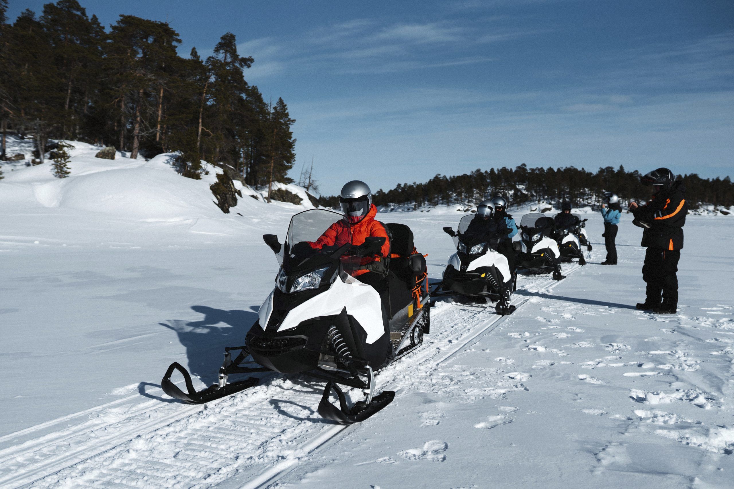 A line of snowmobiles with riders in winter gear paused on a vast, snow-covered landscape, with a pine forest in the background.