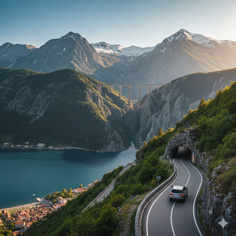 Car driving on a winding road along the coast of Montenegro, with a tunnel in the rock, a view of a blue bay, and imposing snow-capped mountains in the background.