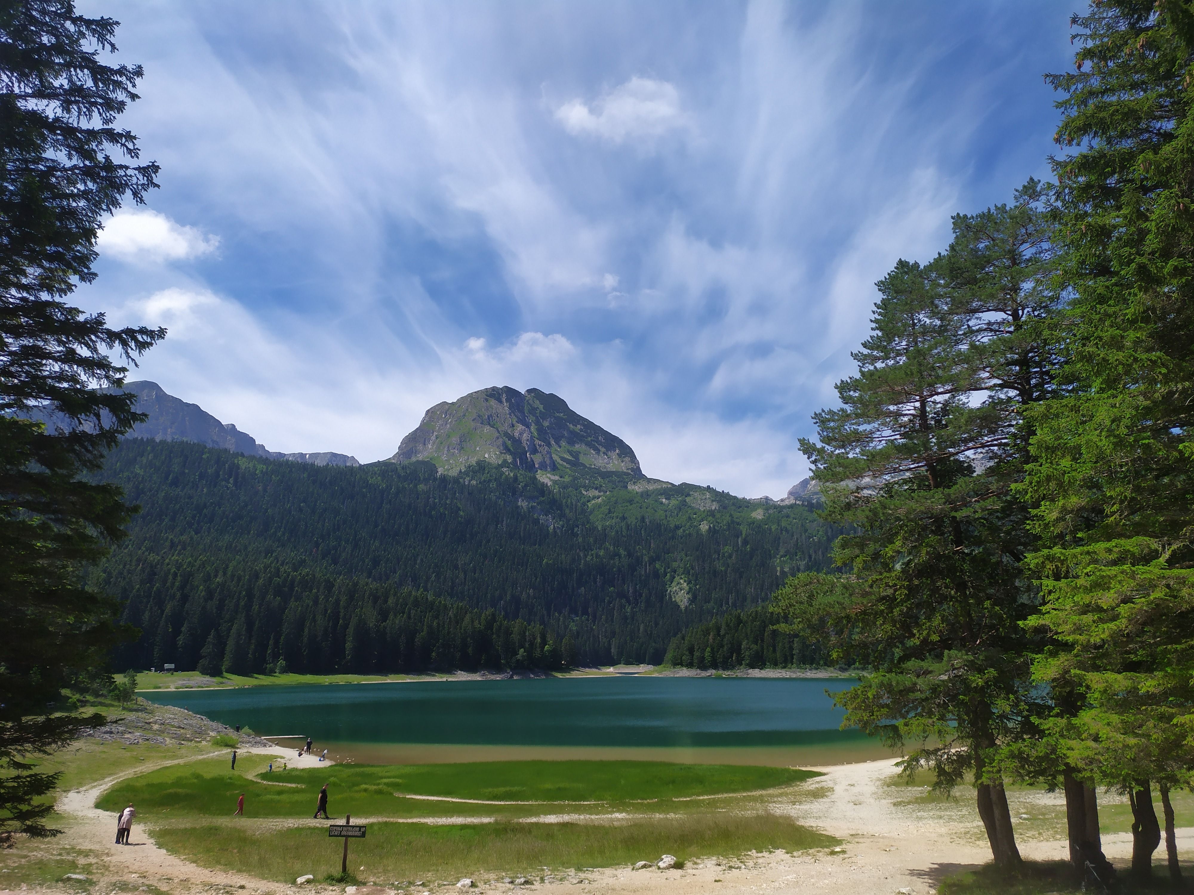 A view of the Black Lake and the Durmitor mountains, framed by pine trees from the popular walking trail.
