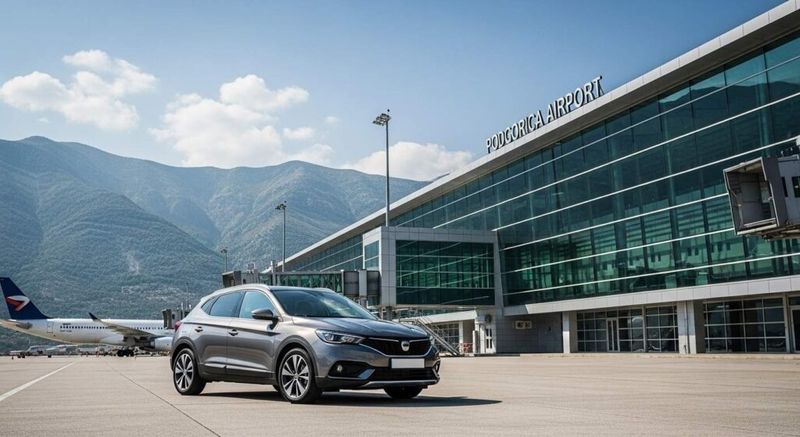 A grey rental SUV parked in front of the Podgorica Airport terminal building.