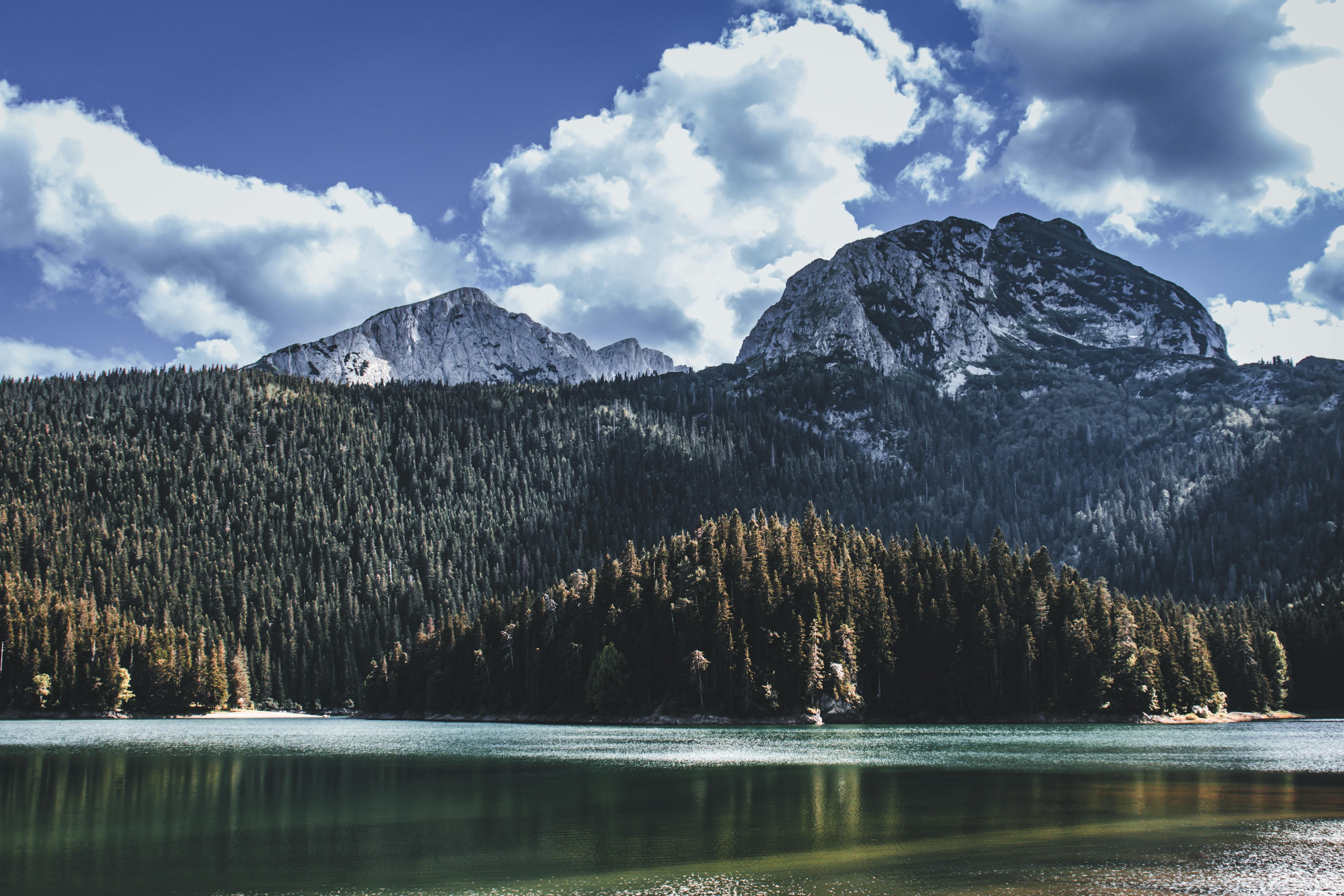 The crystal-clear Black Lake in Durmitor, with the rocky Međed peak and a dense pine forest under a blue sky.