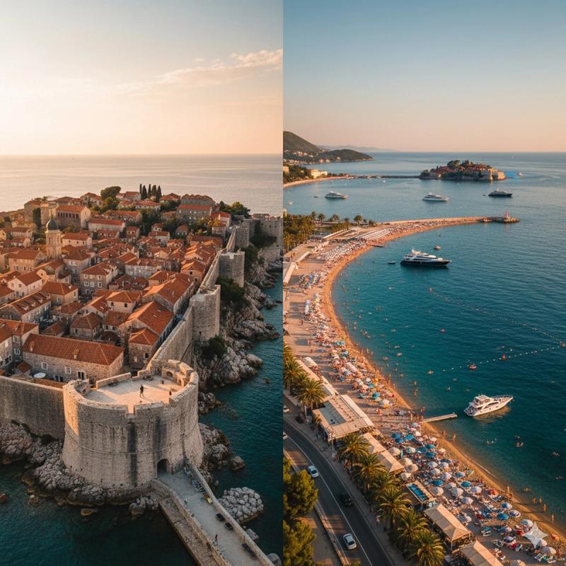 Montage of two photos of Budva: on the left, the historic Old Town at sunset; on the right, the vibrant Budva Riviera with the island of Sveti Stefan in the background.