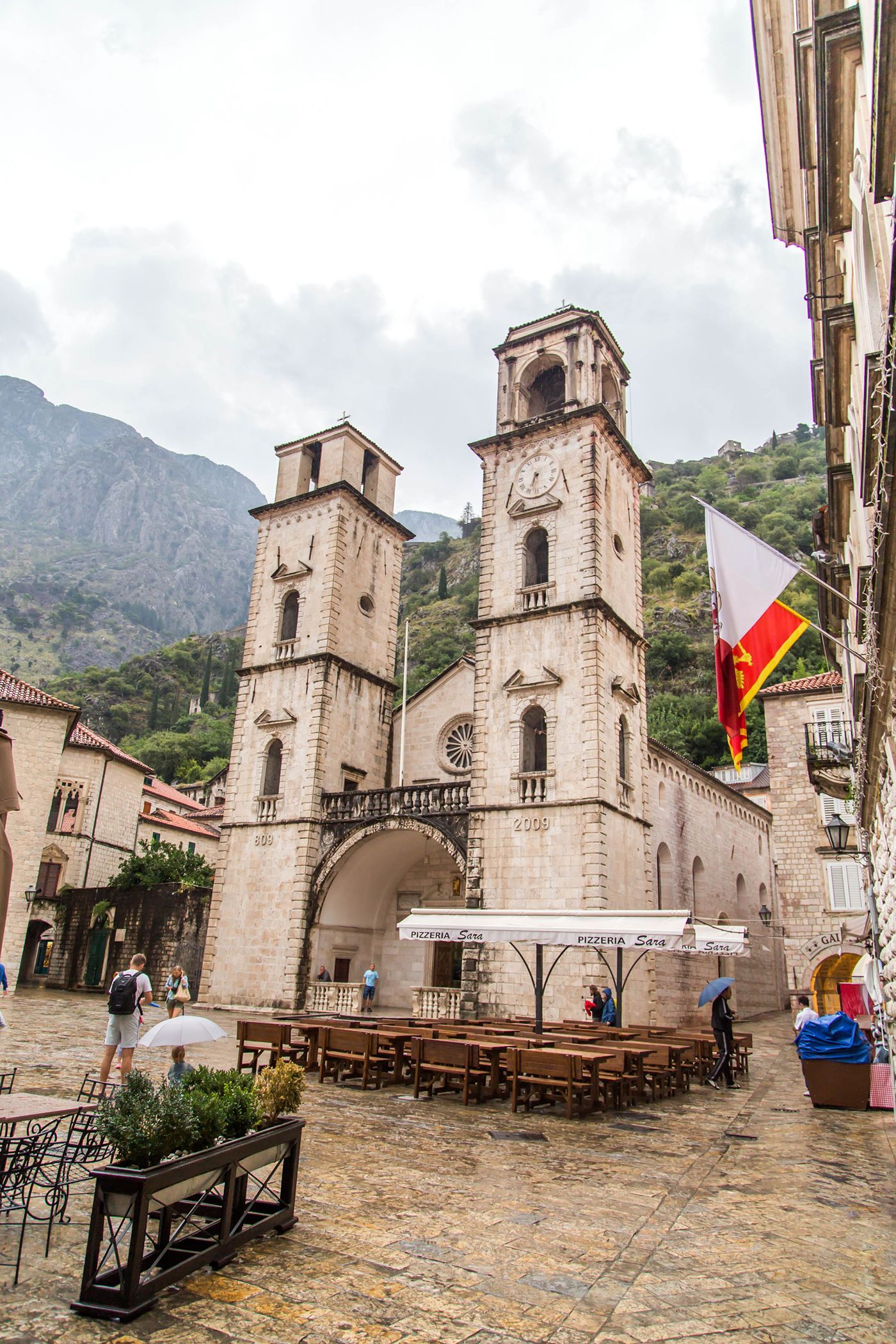 The twin bell towers of the Cathedral of Saint Tryphon, a major landmark within Kotor's Old Town.