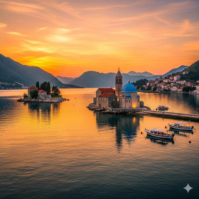 The islands of Our Lady of the Rocks and St. George in front of Perast, Montenegro, during a vibrant sunset with an orange sky.