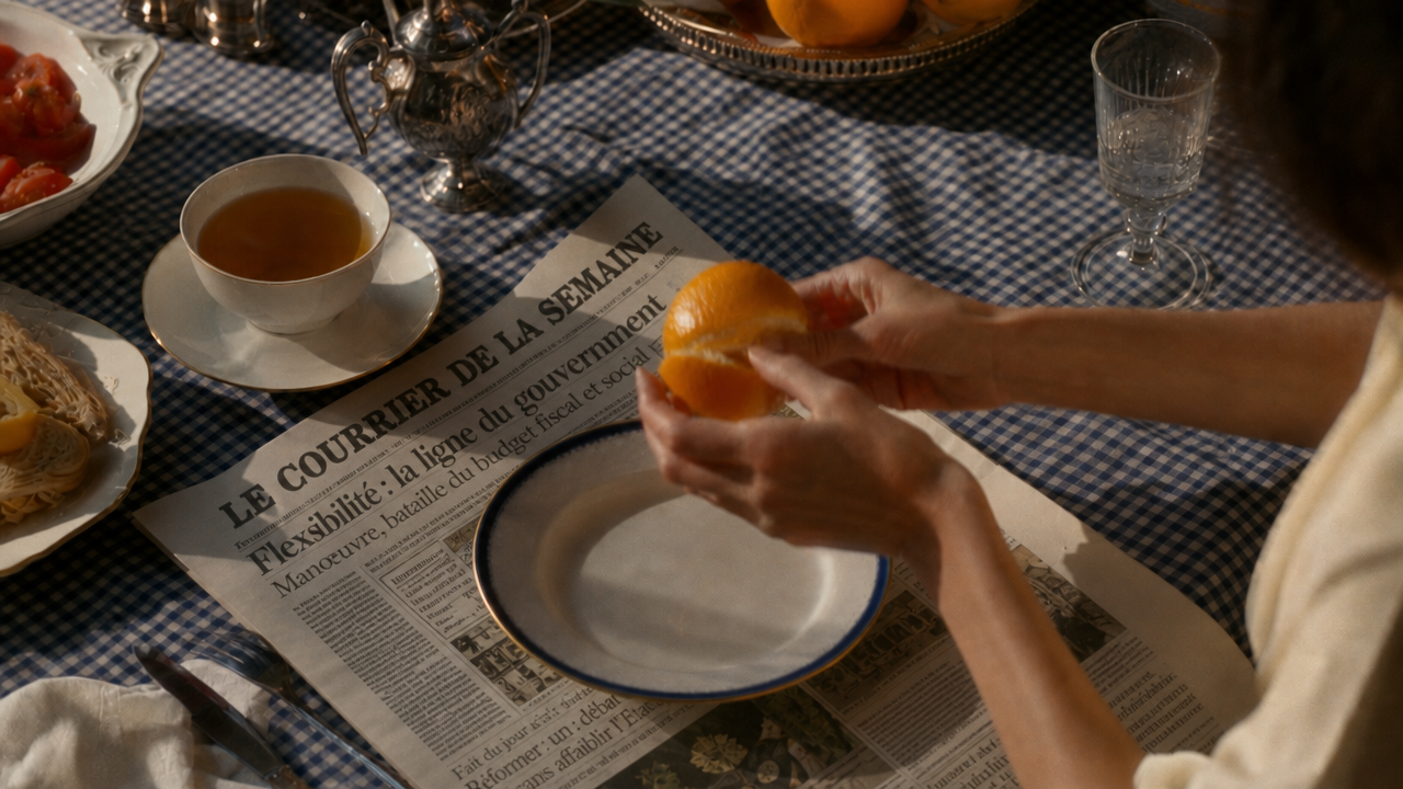 Dining at a French cafe in Paris with French words and letters in newspaper